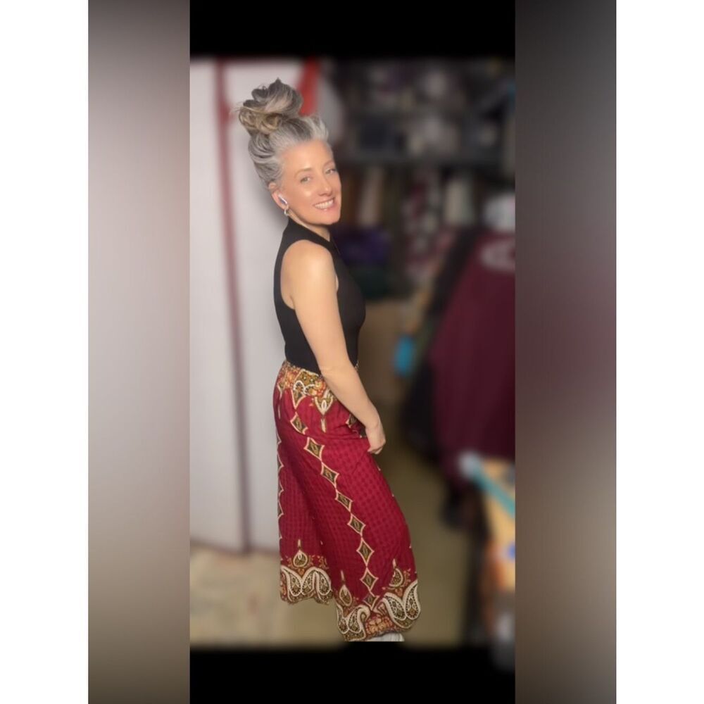 Fashion Nova Burgundy Paisley Patterned Elastic-Waist Wide-Leg Pants (Small) - Picture 2 of 16